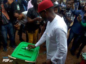 PDP Vice Presidential Candidate, Doctor Ifeanyi Okowa putting his ballot paper in the ballot box in Ward Two, Unit 17